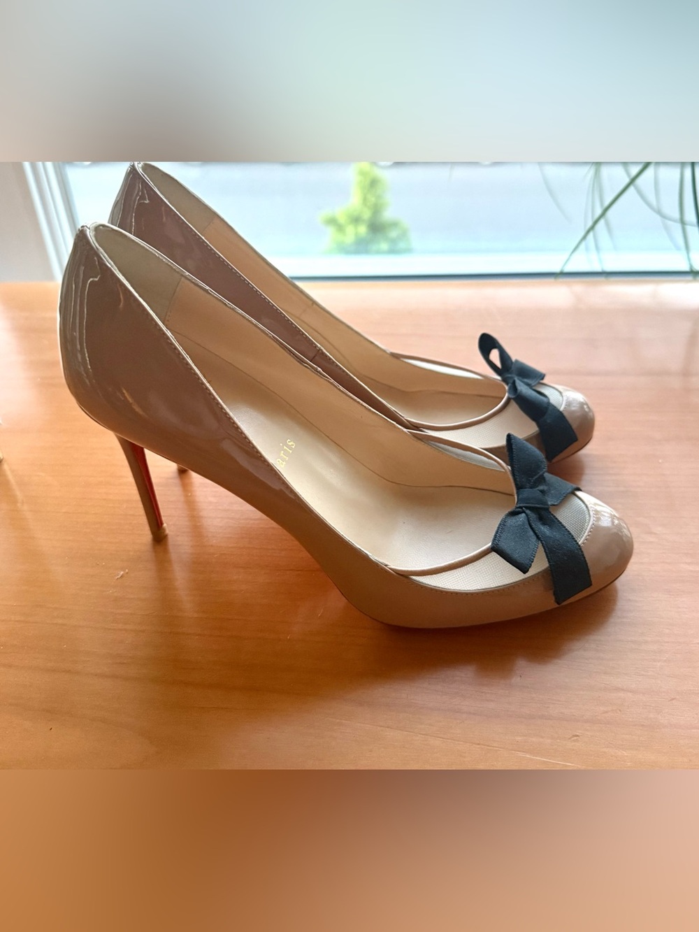 Christian Louboutin Nude Patent Leather Bow Peep-Toe Heels with Black Bows